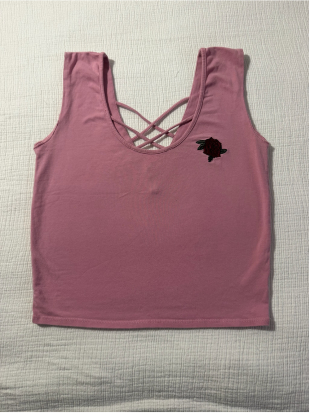 Empyre Pink Rose Embroidered Crop Tank Top Medium Crisscross Back